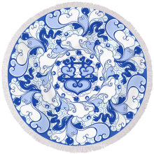 100% cotton Chinese traditional blue and white porcelain style pattern with tassels Round Beach Towel RBT-146